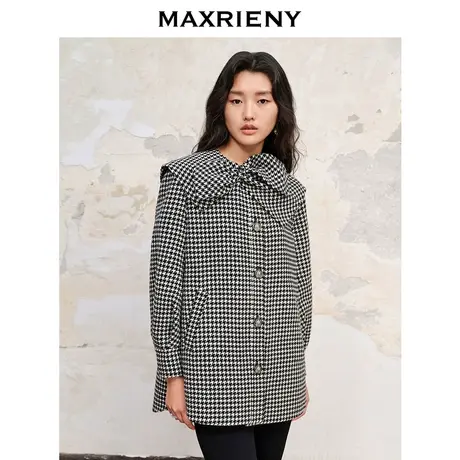【商场同款】MAXRIENY复古英伦风千鸟格纹大衣廓形衬衫式羊毛外套商品大图