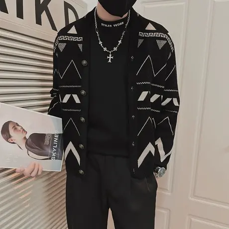 韩版休闲开衫毛衣男秋冬慵懒风印花高级感男装针织衫个性潮牌外套商品大图
