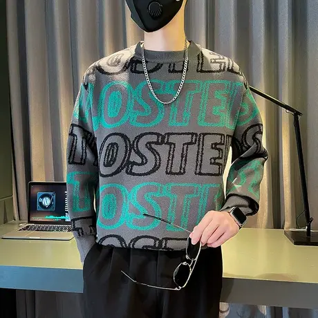 个性拼色字母提花套头毛衣男2023秋冬新款ins潮牌内搭针织衫线衣图片