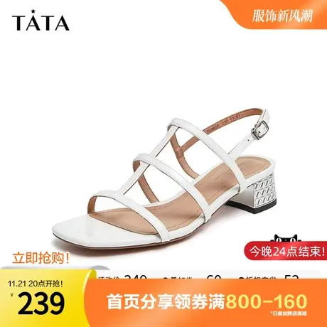 Tata他她一字带凉鞋女夏粗跟罗马鞋方头气质单鞋新款百搭7UM06BL2图片