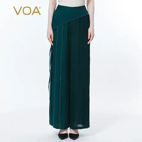 VOA真丝暗纹提花孔雀绿立体活页撞料拼接褶皱宽松直筒桑蚕丝长裤图片
