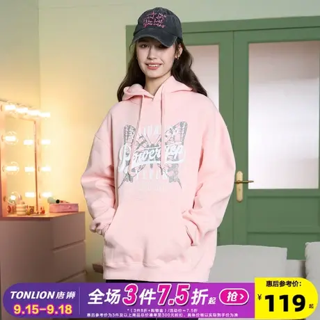 [YEP联名]唐狮2023春季新款植绒发泡工艺美式蝴蝶印花连帽女卫衣图片
