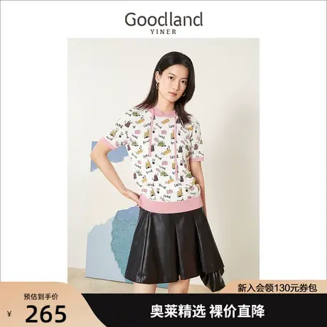 音儿美地女装2022夏季新款撞色i印花短袖卫衣针织衫套头商品大图