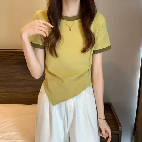 纯欲短款上衣女设计感小众夏季辣妹别致不规则修身正肩短袖T恤ins商品大图
