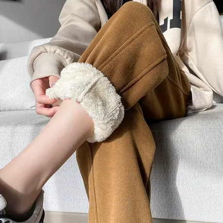 加厚羊羔绒运动裤女秋冬季拼接宽松直筒高腰显瘦休闲束脚哈伦卫裤商品大图