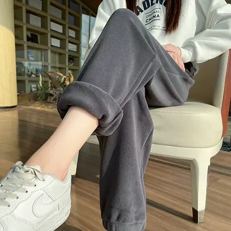 灰色摇粒绒哈伦裤女秋冬季新款高腰束脚加绒加厚休闲运动卫裤子图片