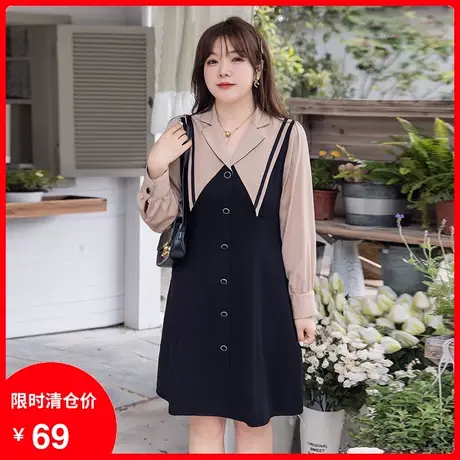 【清仓】装新款减龄西装领显瘦大码胖MM连衣裙拼接法式长袖假两件商品大图