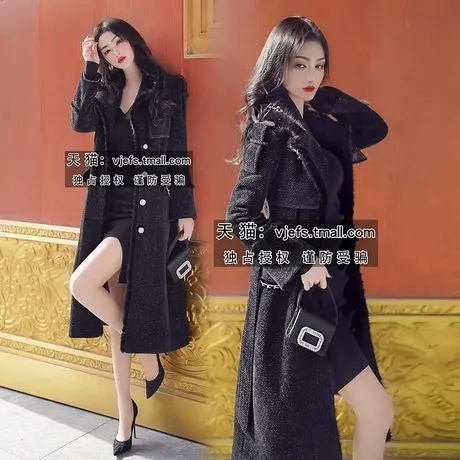 VJE秋冬设计感女装翻领过膝大衣新款法式女人味长款毛呢外套图片