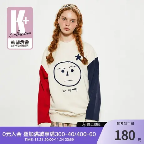 韩都衣舍秋冬新款上衣女情侣时尚宽松刺绣拼接撞色卫衣ins潮商品大图