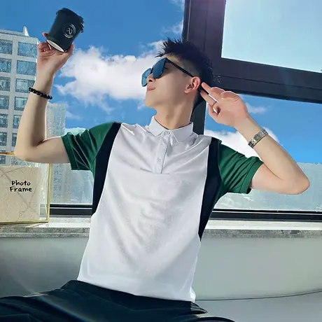 短袖POLO衫夏季翻领T恤撞色拼接夏装上衣2023新款半截袖潮牌半袖t图片