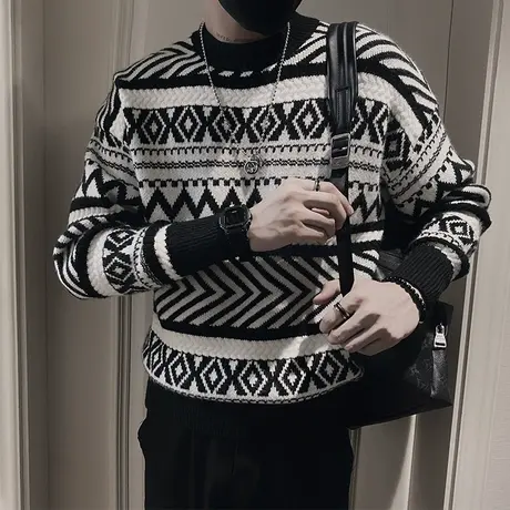 毛衣男冬季2023新款拼色菱格提花设计感套头轻熟打底针织衫线衣商品大图