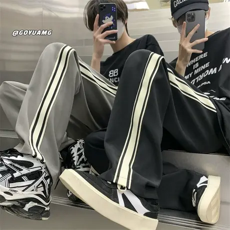 休闲长裤子男夏季条纹运动直筒阔腿裤ins潮流小众美式港风薄款裤图片