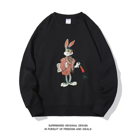 美式复古红萝卜绅士兔子印花圆领卫衣男小众设计感宽松长袖上衣商品大图