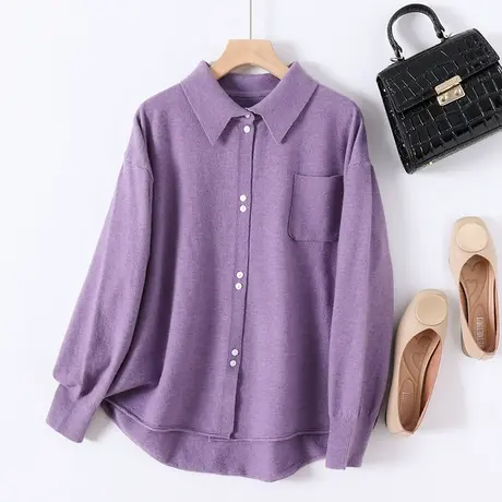 2023春季新品纯色长袖针织衫衬衫女百搭上衣韩版宽松毛衣开衫外套商品大图