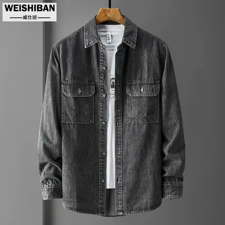 潮流休闲百搭牛仔衬衫男士翻领单排扣烟灰色外套工装复古水洗上衣商品大图