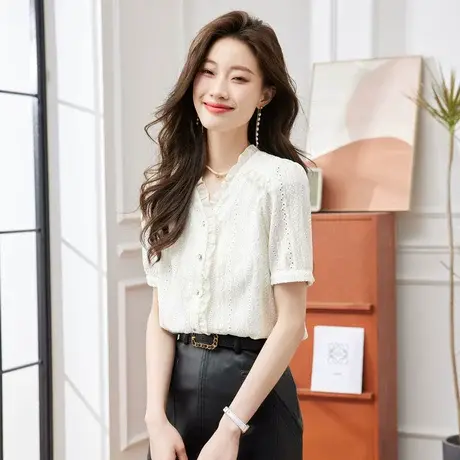 时尚气质甜美V领短袖衬衫2023年夏季新款淑女温柔显瘦通勤上衣商品大图