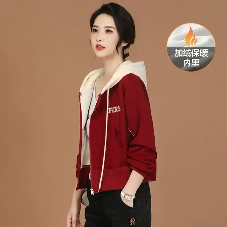 韩潮袭人连帽撞色加绒开衫卫衣女冬季新款刺绣棒球服短外套厚图片