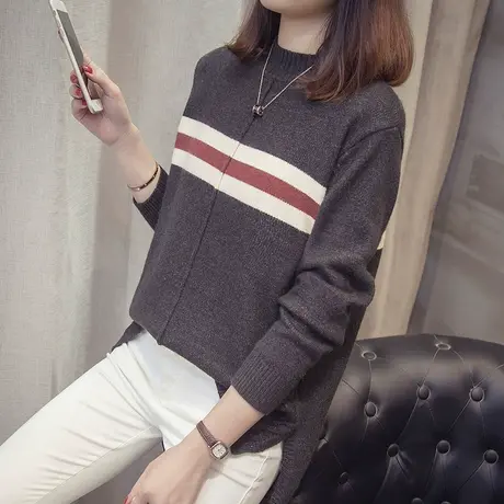 拼色条纹针织衫女短款上衣秋冬季新款外穿洋气打底衫长袖宽松商品大图