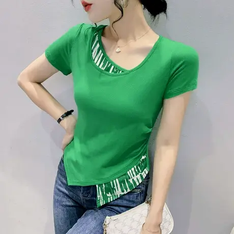 假两件短袖女夏季2024新款设计感不规则上衣洋气修身港风T恤半袖商品大图