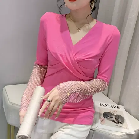 时尚烫钻拼接T恤女长袖设计感小众网红上衣洋气性感交叉V领打底衫商品大图