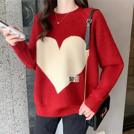 秋季2023年圆领爱心红色毛衣女宽松外穿针织打底衫洋气百搭上衣女图片