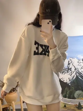 白色卫衣女秋冬2024新款圆领欧货宽松中长款遮屁股加绒加厚外套潮商品大图