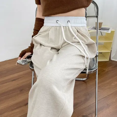 白色窄版阔腿裤女春秋季2023新款高腰显瘦休闲抽绳针织拖地直筒裤商品大图