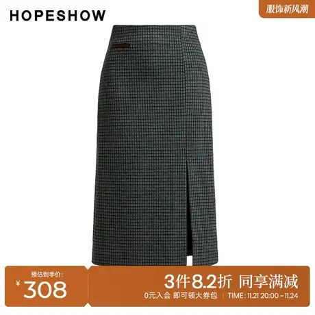 红袖outlets复古格纹半身裙hopeshow2023冬款淑女温柔包裙中长裙图片