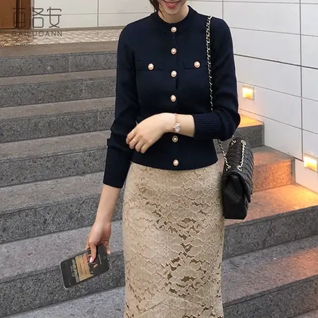 百洛安圆领毛衣开衫女春季新款单排扣长袖外搭短款针织衫外套外搭图片