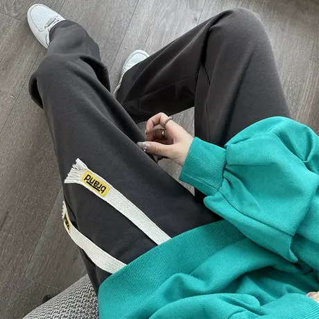 灰色阔腿运动裤女2024年春秋新款高腰垂感宽松显瘦休闲直筒拖地裤商品大图