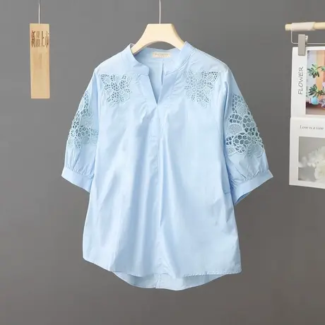 2024新款夏季蕾丝镂空蓝色衬衫女短袖宽松设计感小众上衣立领衬衣图片