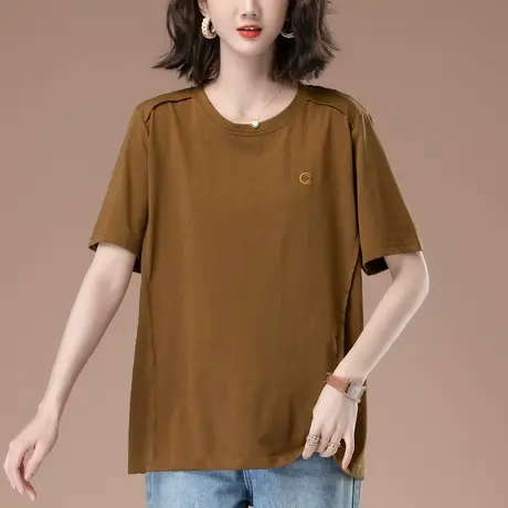 中年妈妈短袖T恤女夏季新款加肥加大码女装宽松休闲百搭圆领上衣商品大图