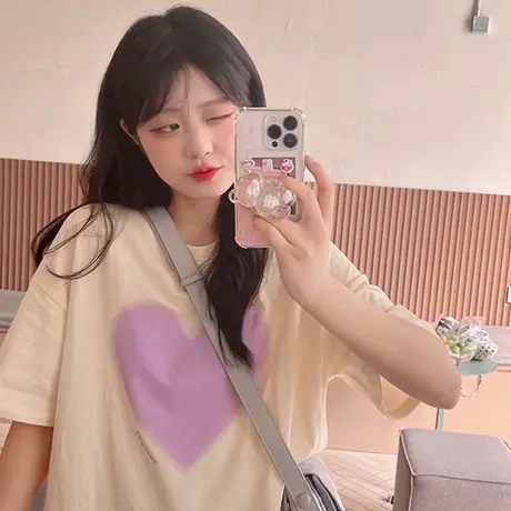 纯欲辣妹小众设计渐变色圆领白色短袖T恤女夏宽松百搭休闲上衣ins商品大图