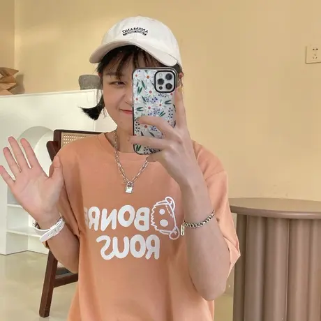 原创~2023新款夏装宽松休闲字母百搭小个子纯棉圆领短袖T恤女生图片