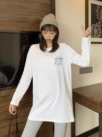 白色中长款内搭打底衫秋冬季加绒长袖t恤加肥加大码时尚女装上衣商品大图