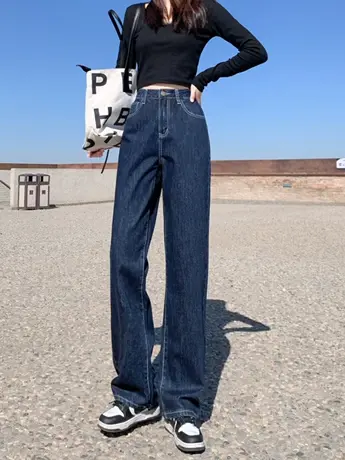 薄款小个子深蓝色牛仔裤女直筒设计感2023女士秋季显瘦高腰拖地裤商品大图