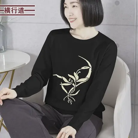 2024春季新款简约韩版淑女圆领提花宽松长袖针织上衣服妈妈装外穿商品大图