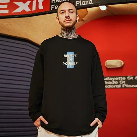 潮牌胖子男装加肥加大码国潮简约宽松纯棉ins长袖T恤男潮流春夏季图片