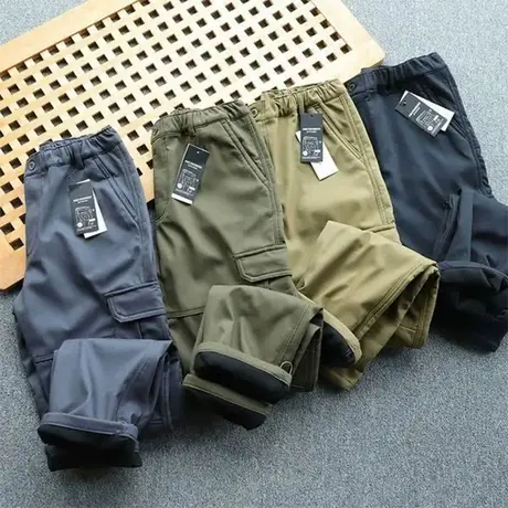 加绒加厚休闲裤男防风全棉面料秋冬外贸工装多袋宽松休闲裤冲锋裤图片