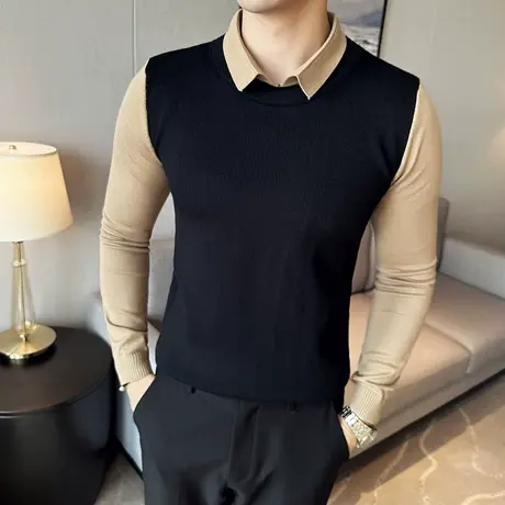 美拉德撞色针织衫男秋冬新款2023年假两件毛衣保暖内搭套头线衫潮图片