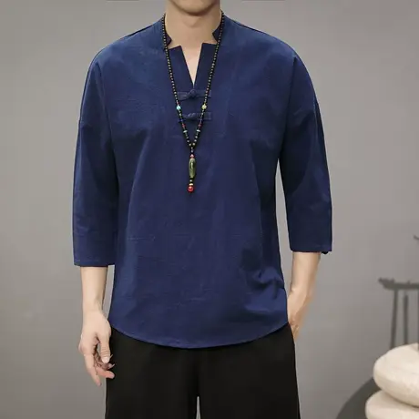 春夏季男短袖T恤复古中国风盘扣上衣服宽松大码休闲中袖打底衫潮商品大图
