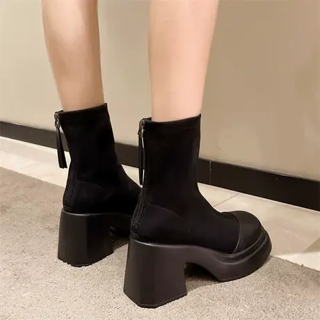 高跟靴子女秋冬季2023年新款瘦瘦靴圆头小个子粗跟法式百搭马丁靴商品大图