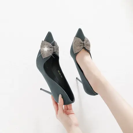 蝴蝶结水钻配礼服高跟鞋女2024年新款法式少女气质尖头细跟单鞋春商品大图