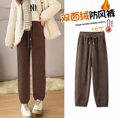 灰色双面绒防风加绒运动裤女秋冬2023年新款加厚显瘦休闲灯笼卫裤商品大图