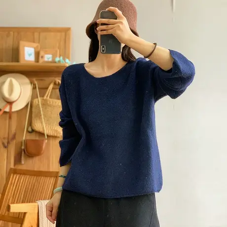 dza 复古短款纯色羊驼圆领毛衣女秋冬内搭针织打底衫宽松漂亮上衣商品大图