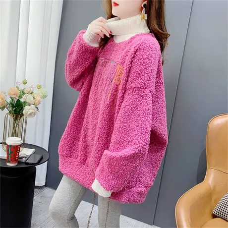 羊羔毛加绒高领卫衣女秋冬2022年新款宽松慵懒风加厚爆款上衣外套商品大图