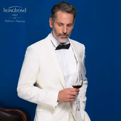 红邦创衣 新郎婚礼礼服羊毛西装套装男士白色修身西服套定制图片