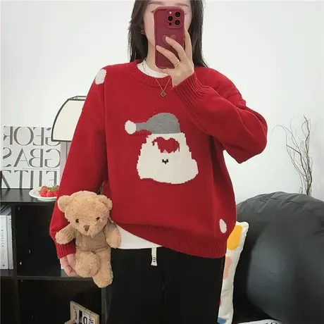 超好看红色毛衣女慵懒风2023年新款圣诞女士针织衫女提花过年套头商品大图