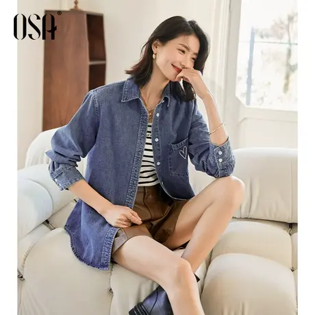 OSA欧莎春季2023年新款长袖牛仔衬衫外套女宽松百搭复古蓝色衬衣商品大图