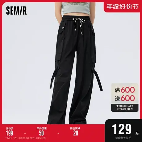 森马休闲裤女松紧腰工装裤潮酷炸街2023新款夏百搭抽绳阔腿裤高街商品大图